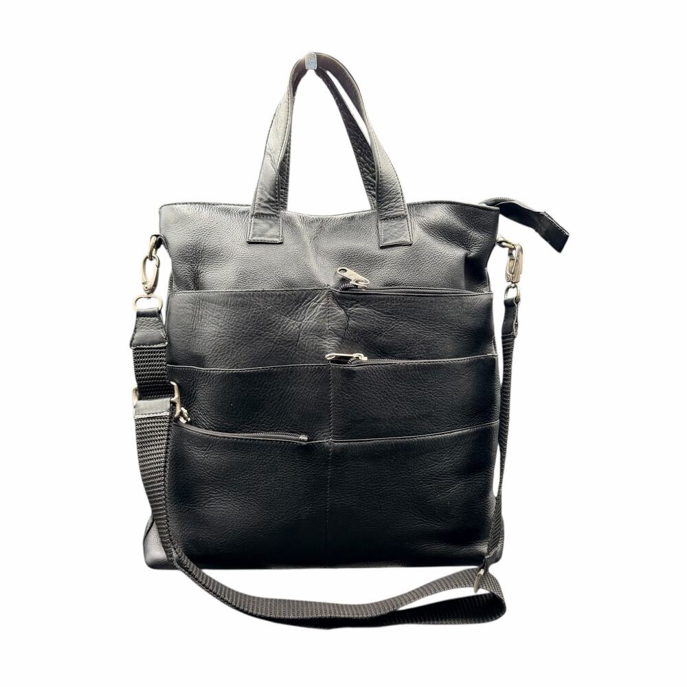 Latico Black Leather Tote Crossbody Bag Multi-Zip Pockets Large Shoulder